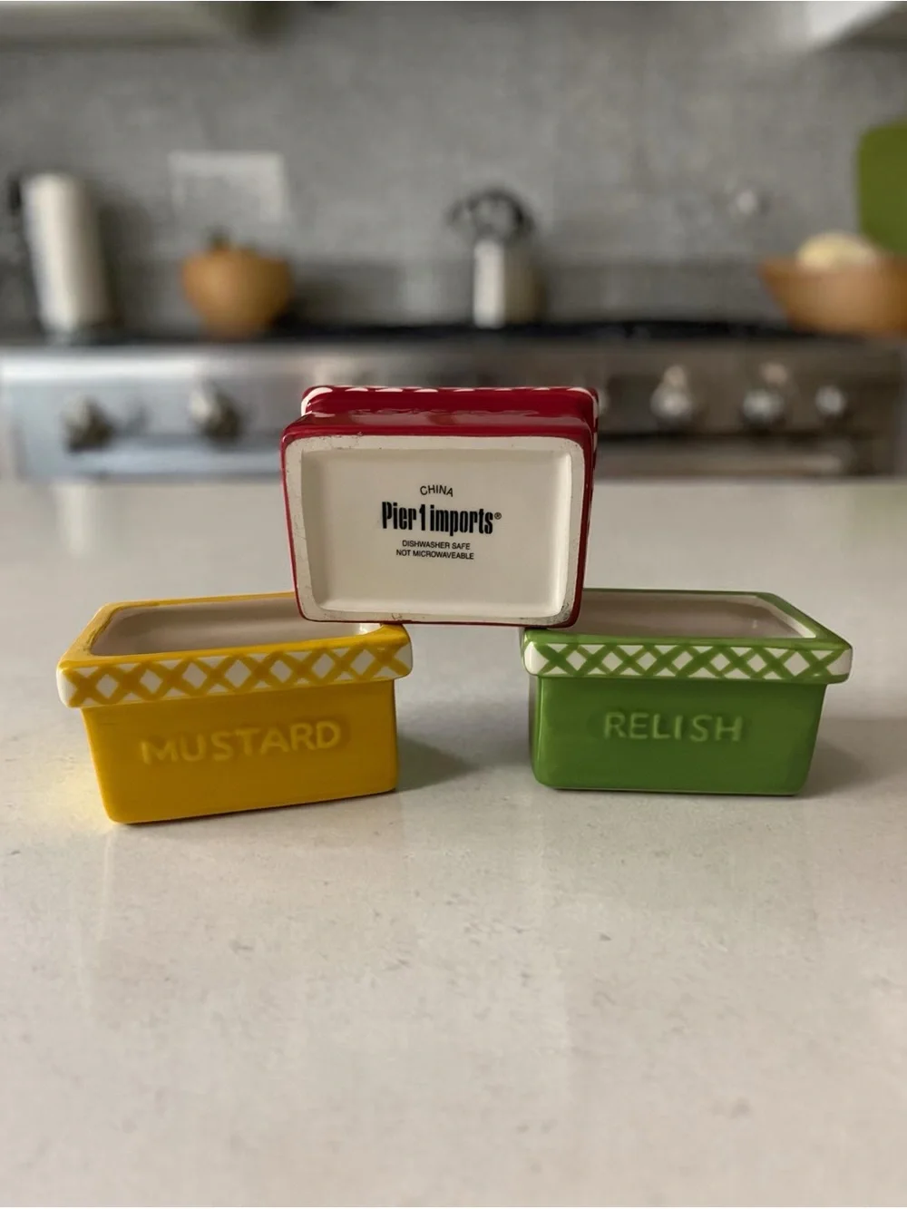 Pier 1 Imports Ceramic Condiment Dish Set - Ketchup, Mustard, Relish